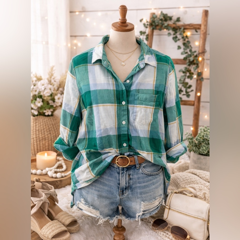 J. Crew Teal and White Checkered Shirt